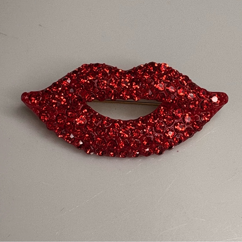 NEW Red Rhinestone Lip Brooch Pin Valentines - Picture 2 of 6